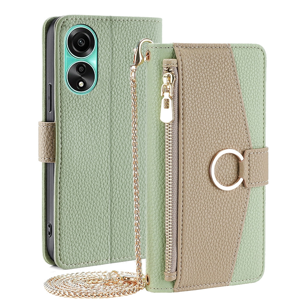 OPPO A78 4G Crossbody Phone Case with Litchi Texture Leather, Adjustable Kickstand, Card Slots, Zipper Purse, Makeup Mirror, and TPU Protection