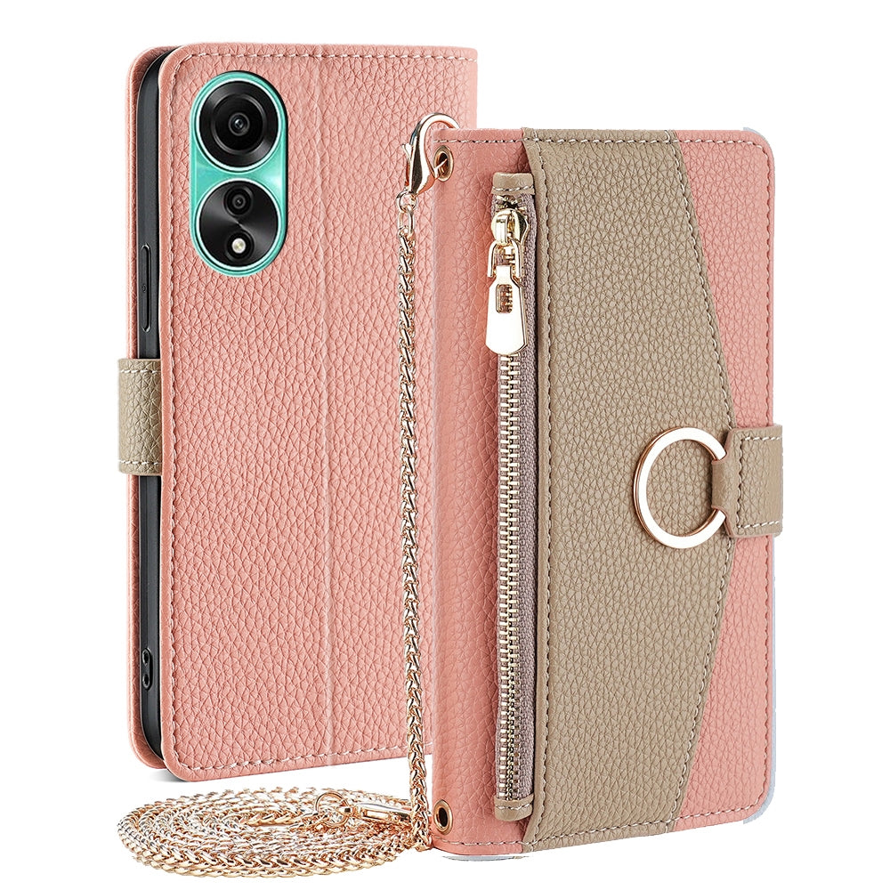 OPPO A78 4G Crossbody Phone Case with Litchi Texture Leather, Adjustable Kickstand, Card Slots, Zipper Purse, Makeup Mirror, and TPU Protection