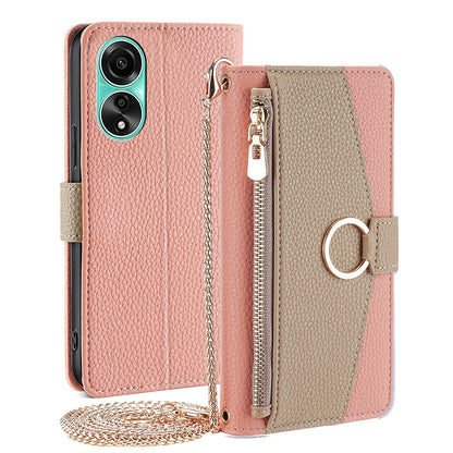 OPPO A78 4G Crossbody Phone Case with Litchi Texture Leather, Adjustable Kickstand, Card Slots, Zipper Purse, Makeup Mirror, and TPU Protection
