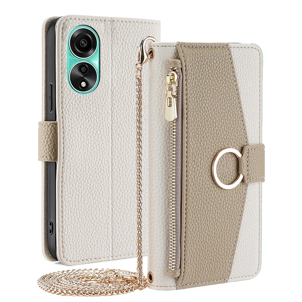 OPPO A78 4G Crossbody Phone Case with Litchi Texture Leather, Adjustable Kickstand, Card Slots, Zipper Purse, Makeup Mirror, and TPU Protection