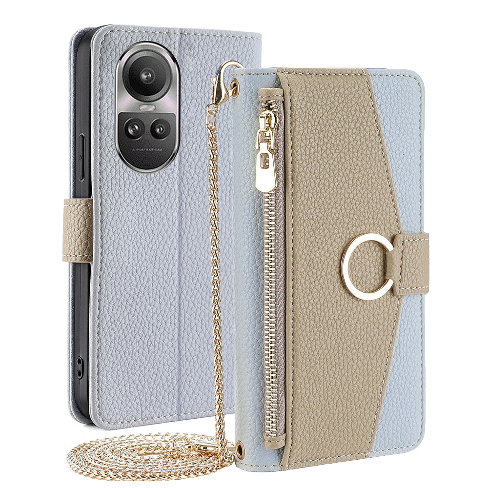 OPPO Reno10 Pro 5G Global Crossbody Phone Case with Litchi Texture Leather, Adjustable Kickstand, Card Slots, Zipper Purse, Makeup Mirror, and TPU Protection