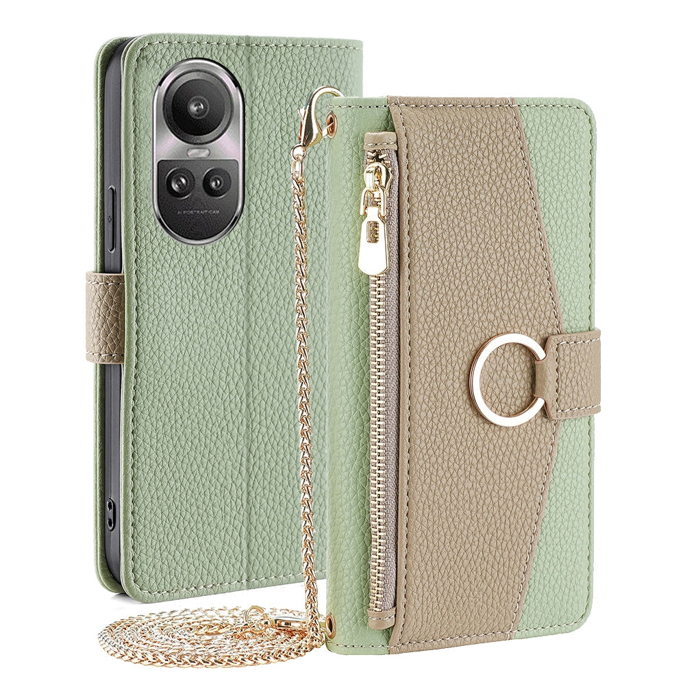 OPPO Reno10 Pro 5G Global Crossbody Phone Case with Litchi Texture Leather, Adjustable Kickstand, Card Slots, Zipper Purse, Makeup Mirror, and TPU Protection