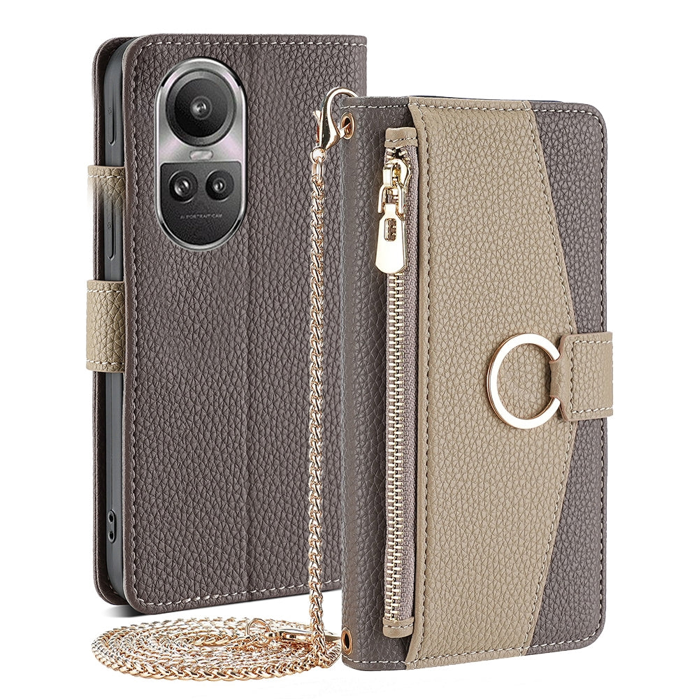 OPPO Reno10 5G Crossbody Phone Case with Litchi Texture Leather, Adjustable Kickstand, Card Slots, Zipper Purse, Makeup Mirror, and TPU Protection