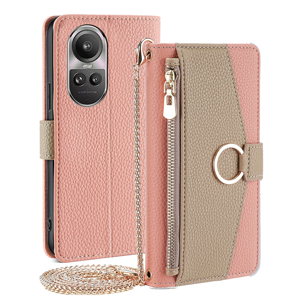 OPPO Reno10 Pro 5G Global Crossbody Phone Case with Litchi Texture Leather, Adjustable Kickstand, Card Slots, Zipper Purse, Makeup Mirror, and TPU Protection