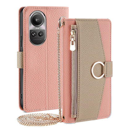OPPO Reno10 Pro 5G Global Crossbody Phone Case with Litchi Texture Leather, Adjustable Kickstand, Card Slots, Zipper Purse, Makeup Mirror, and TPU Protection