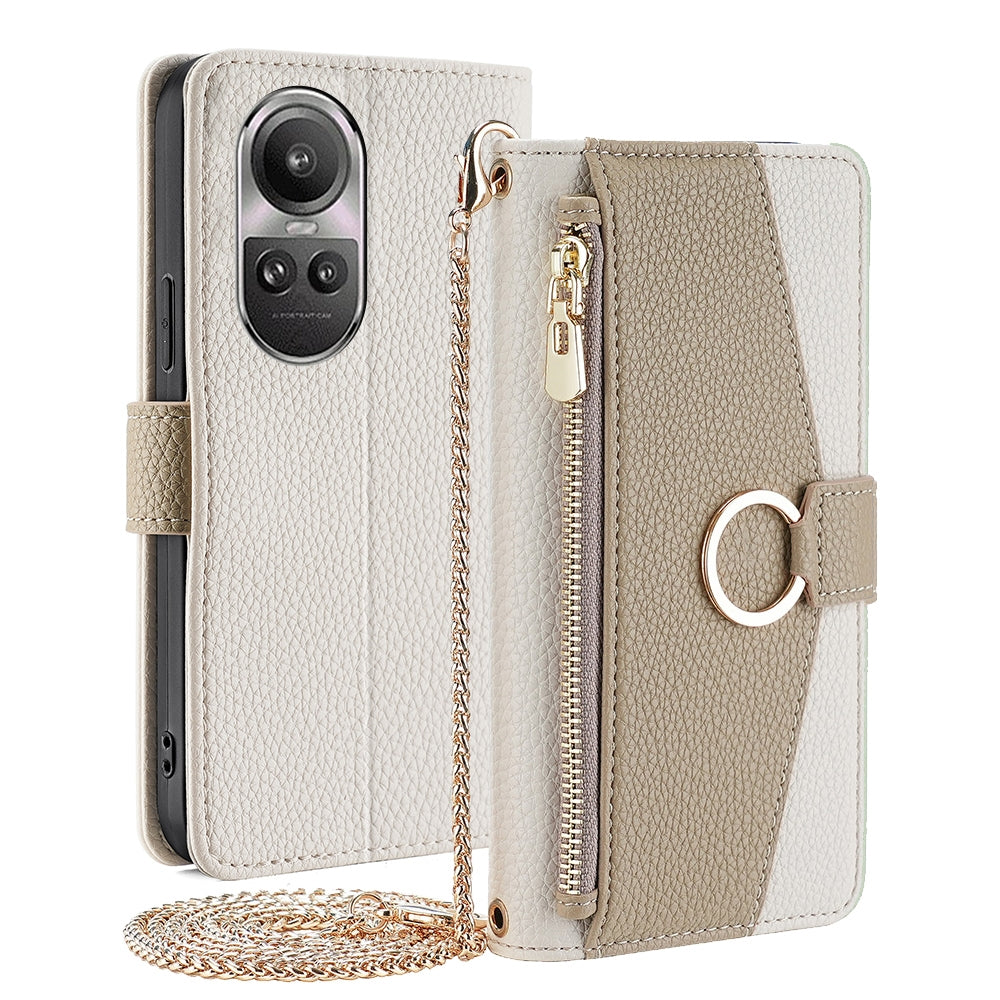 OPPO Reno10 Pro 5G Global Crossbody Phone Case with Litchi Texture Leather, Adjustable Kickstand, Card Slots, Zipper Purse, Makeup Mirror, and TPU Protection