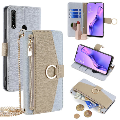 OPPO A31 2020 Crossbody Phone Case with Litchi Texture Leather, Adjustable Kickstand, Card Slots, Zipper Purse, Makeup Mirror, and TPU Protection