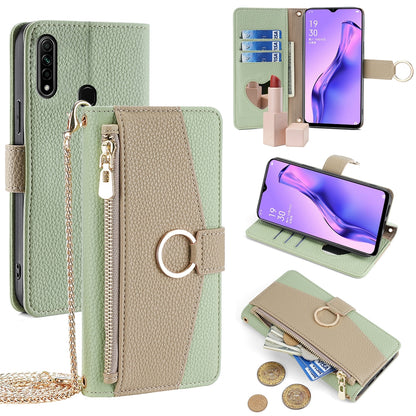 OPPO A8 Crossbody Phone Case with Litchi Texture Leather, Adjustable Kickstand, Card Slots, Zipper Purse, Makeup Mirror, and TPU Protection