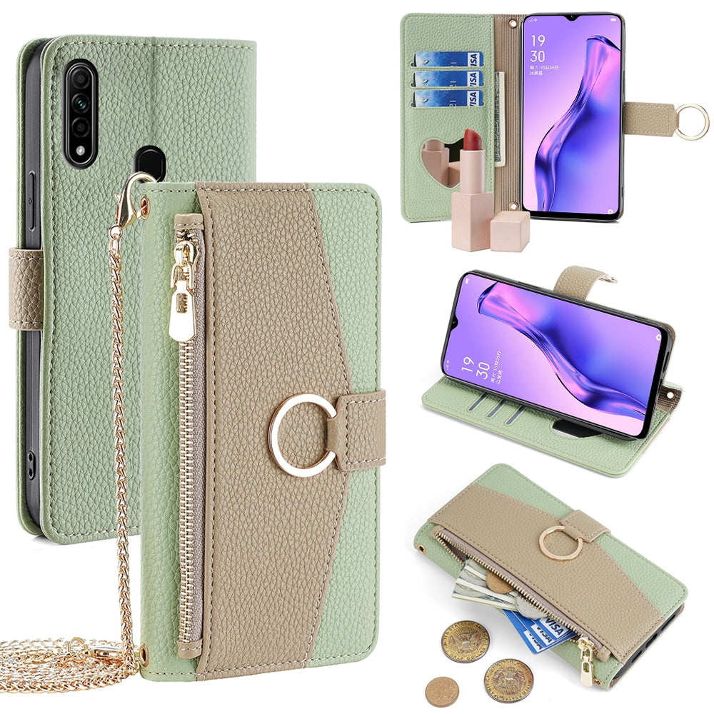 OPPO A31 2020 Crossbody Phone Case with Litchi Texture Leather, Adjustable Kickstand, Card Slots, Zipper Purse, Makeup Mirror, and TPU Protection