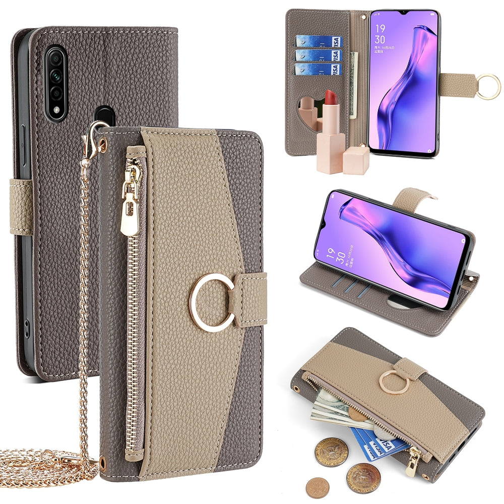 OPPO A31 2020 Crossbody Phone Case with Litchi Texture Leather, Adjustable Kickstand, Card Slots, Zipper Purse, Makeup Mirror, and TPU Protection