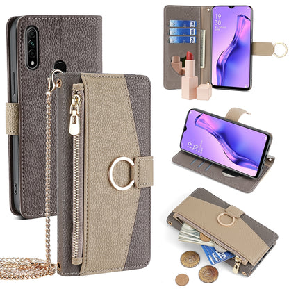 OPPO A31 2020 Crossbody Phone Case with Litchi Texture Leather, Adjustable Kickstand, Card Slots, Zipper Purse, Makeup Mirror, and TPU Protection