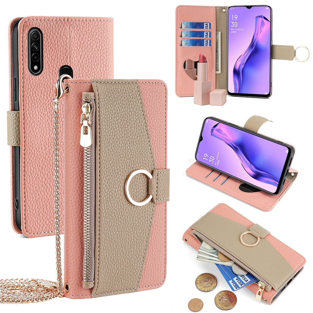 OPPO A8 Crossbody Phone Case with Litchi Texture Leather, Adjustable Kickstand, Card Slots, Zipper Purse, Makeup Mirror, and TPU Protection