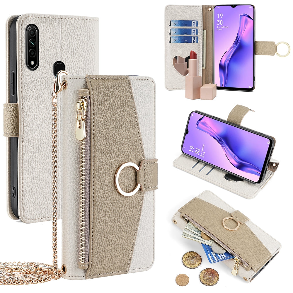 OPPO A31 2020 Crossbody Phone Case with Litchi Texture Leather, Adjustable Kickstand, Card Slots, Zipper Purse, Makeup Mirror, and TPU Protection