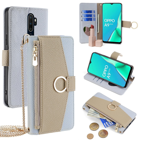 OPPO A5 2020 Crossbody Phone Case with Litchi Texture Leather, Adjustable Kickstand, Card Slots, Zipper Purse, Makeup Mirror, and TPU Protection