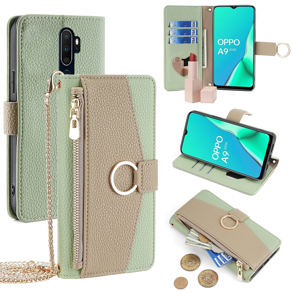 OPPO A11x Crossbody Phone Case with Litchi Texture Leather, Adjustable Kickstand, Card Slots, Zipper Purse, Makeup Mirror, and TPU Protection