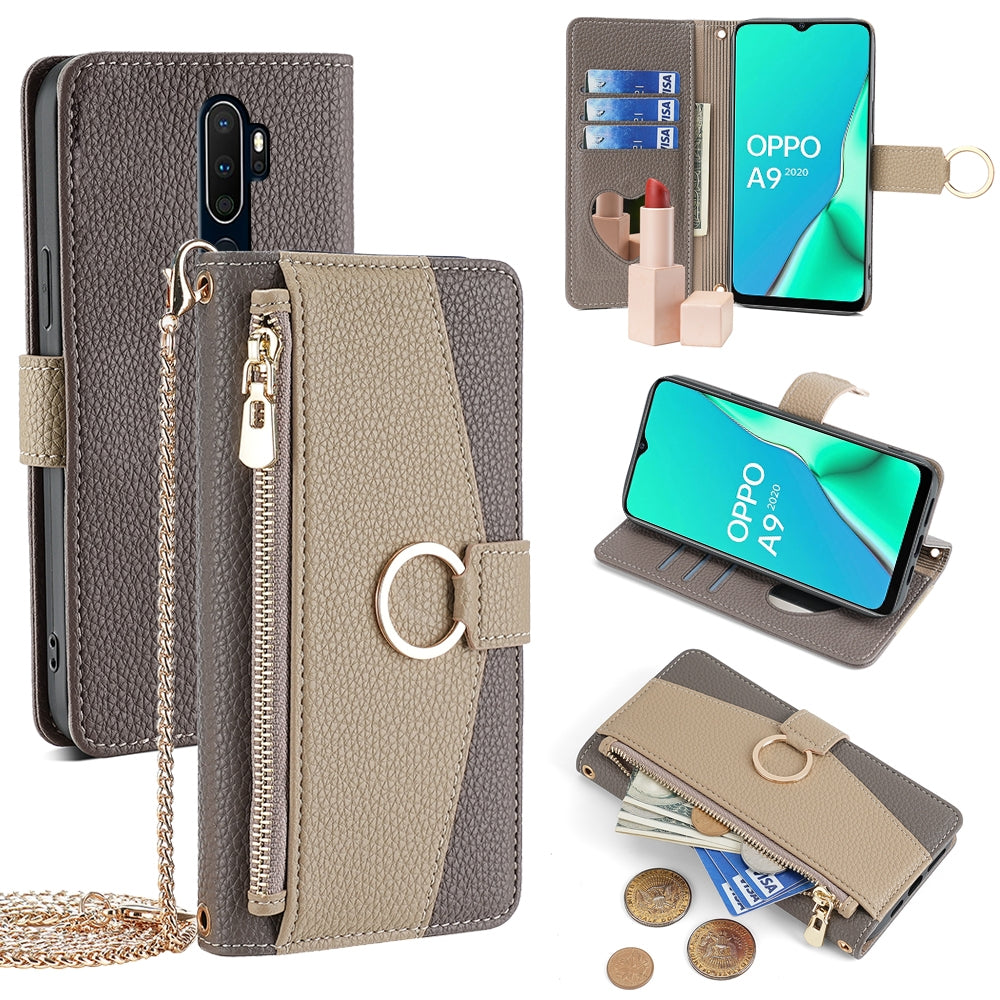 OPPO A9 2020 Crossbody Phone Case with Litchi Texture Leather, Adjustable Kickstand, Card Slots, Zipper Purse, Makeup Mirror, and TPU Protection