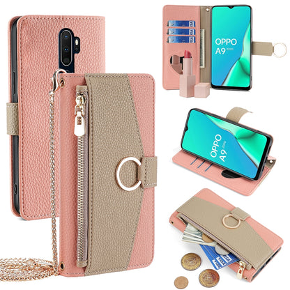 OPPO A9 2020 Crossbody Phone Case with Litchi Texture Leather, Adjustable Kickstand, Card Slots, Zipper Purse, Makeup Mirror, and TPU Protection