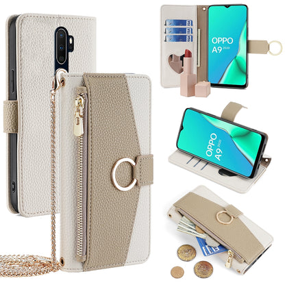 OPPO A9 2020 Crossbody Phone Case with Litchi Texture Leather, Adjustable Kickstand, Card Slots, Zipper Purse, Makeup Mirror, and TPU Protection