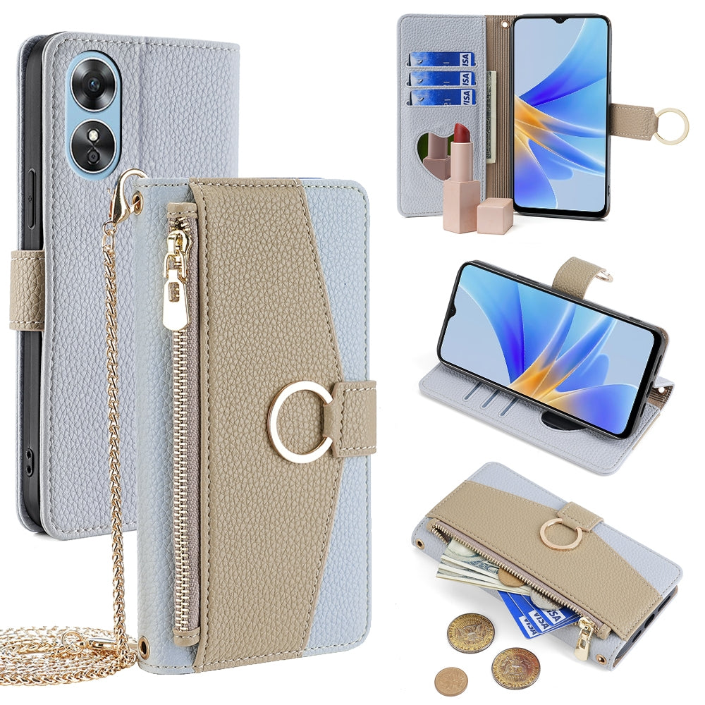 OPPO A17 Crossbody Phone Case with Litchi Texture Leather, Adjustable Kickstand, Card Slots, Zipper Purse, Makeup Mirror, and TPU Protection