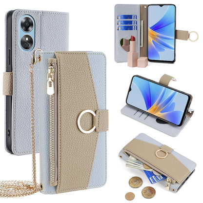 OPPO A17 Crossbody Phone Case with Litchi Texture Leather, Adjustable Kickstand, Card Slots, Zipper Purse, Makeup Mirror, and TPU Protection