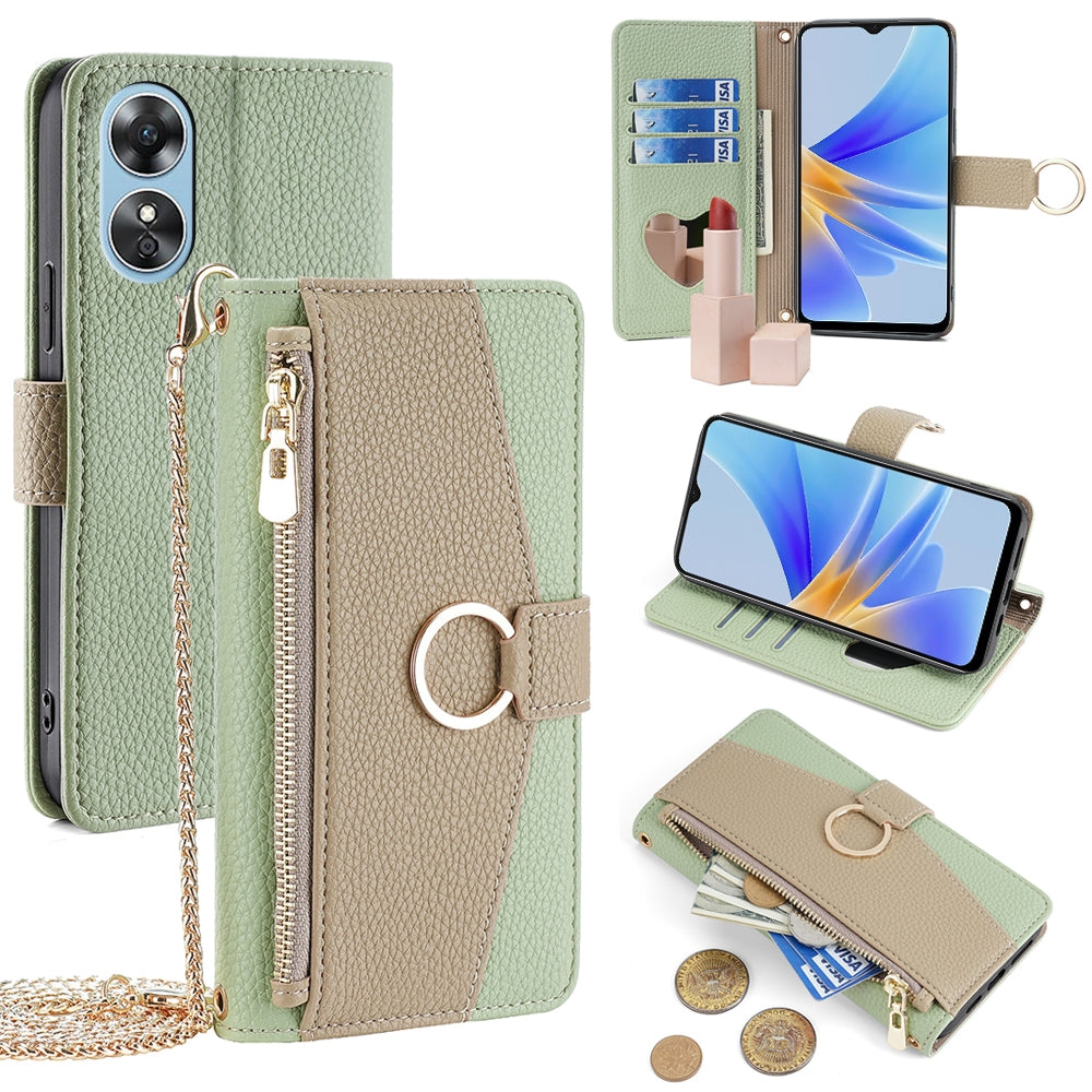 OPPO A17 Crossbody Phone Case with Litchi Texture Leather, Adjustable Kickstand, Card Slots, Zipper Purse, Makeup Mirror, and TPU Protection