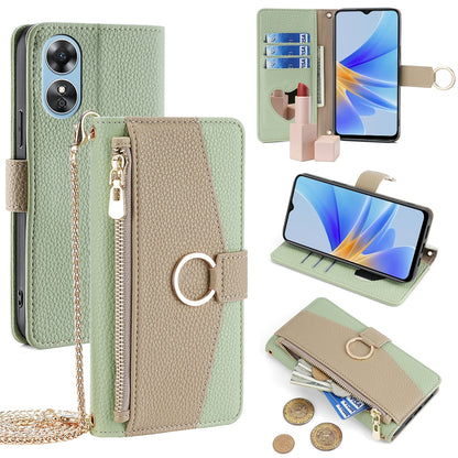 OPPO A17 Crossbody Phone Case with Litchi Texture Leather, Adjustable Kickstand, Card Slots, Zipper Purse, Makeup Mirror, and TPU Protection