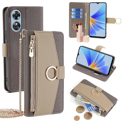 OPPO A17 Crossbody Phone Case with Litchi Texture Leather, Adjustable Kickstand, Card Slots, Zipper Purse, Makeup Mirror, and TPU Protection