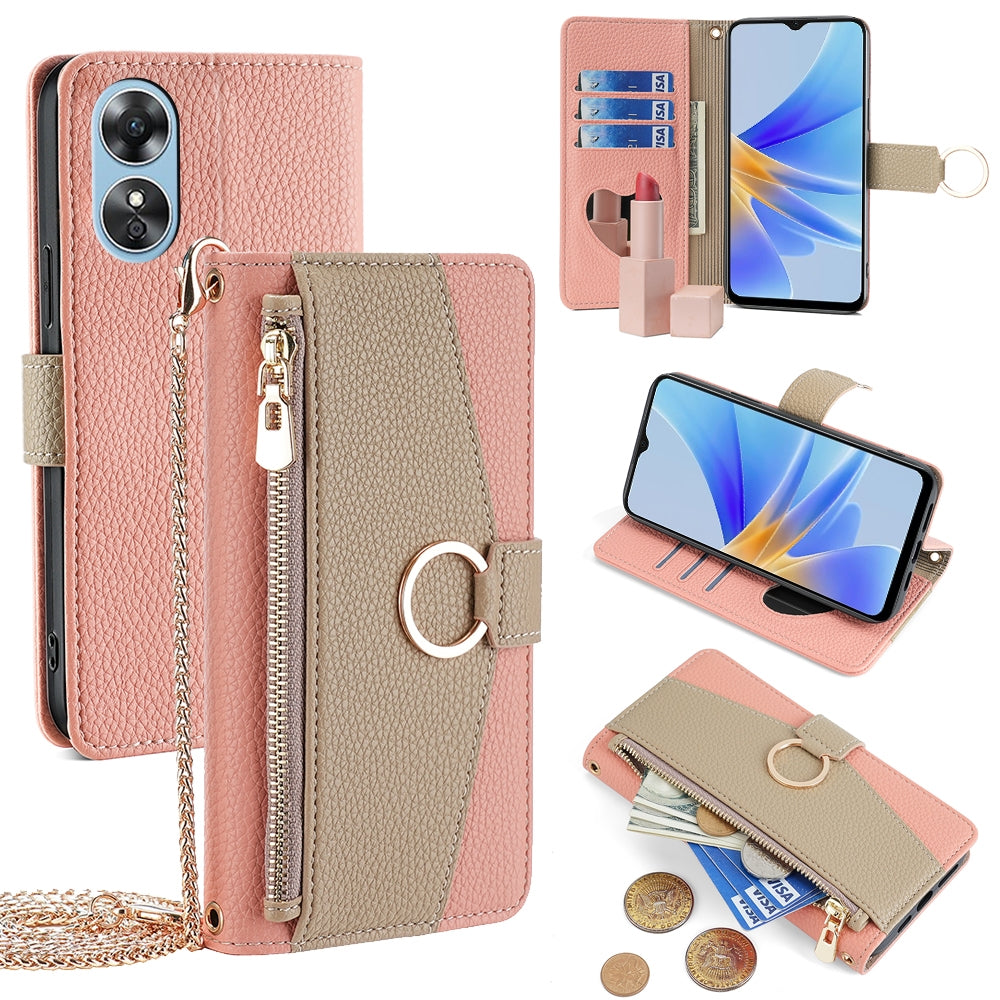 OPPO A17 Crossbody Phone Case with Litchi Texture Leather, Adjustable Kickstand, Card Slots, Zipper Purse, Makeup Mirror, and TPU Protection