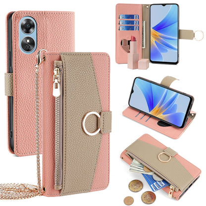 OPPO A17 Crossbody Phone Case with Litchi Texture Leather, Adjustable Kickstand, Card Slots, Zipper Purse, Makeup Mirror, and TPU Protection