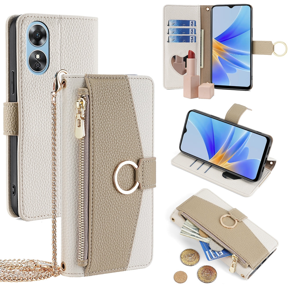 OPPO A17 Crossbody Phone Case with Litchi Texture Leather, Adjustable Kickstand, Card Slots, Zipper Purse, Makeup Mirror, and TPU Protection