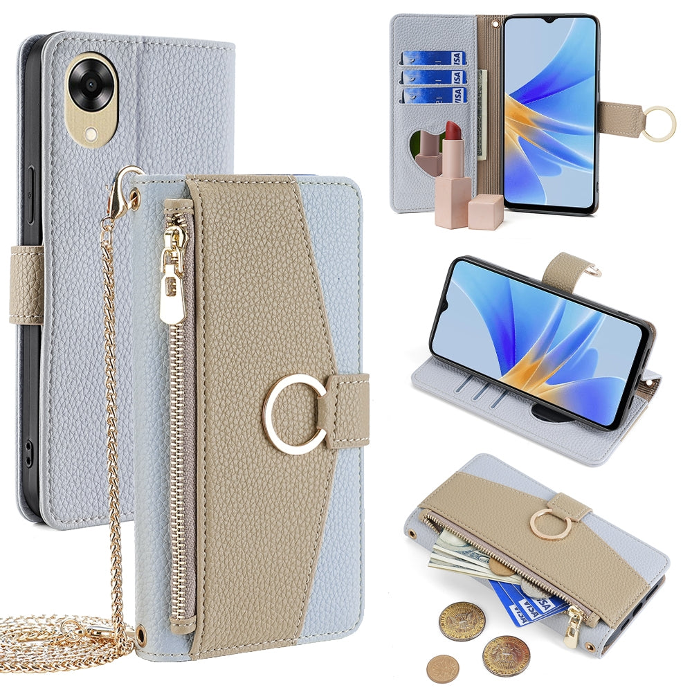 OPPO A17k 4G Crossbody Phone Case with Litchi Texture Leather, Adjustable Kickstand, Card Slots, Zipper Purse, Makeup Mirror, and TPU Protection