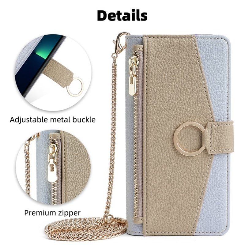 OPPO A17k 4G Crossbody Phone Case with Litchi Texture Leather, Adjustable Kickstand, Card Slots, Zipper Purse, Makeup Mirror, and TPU Protection