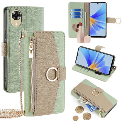 OPPO A17k 4G Crossbody Phone Case with Litchi Texture Leather, Adjustable Kickstand, Card Slots, Zipper Purse, Makeup Mirror, and TPU Protection
