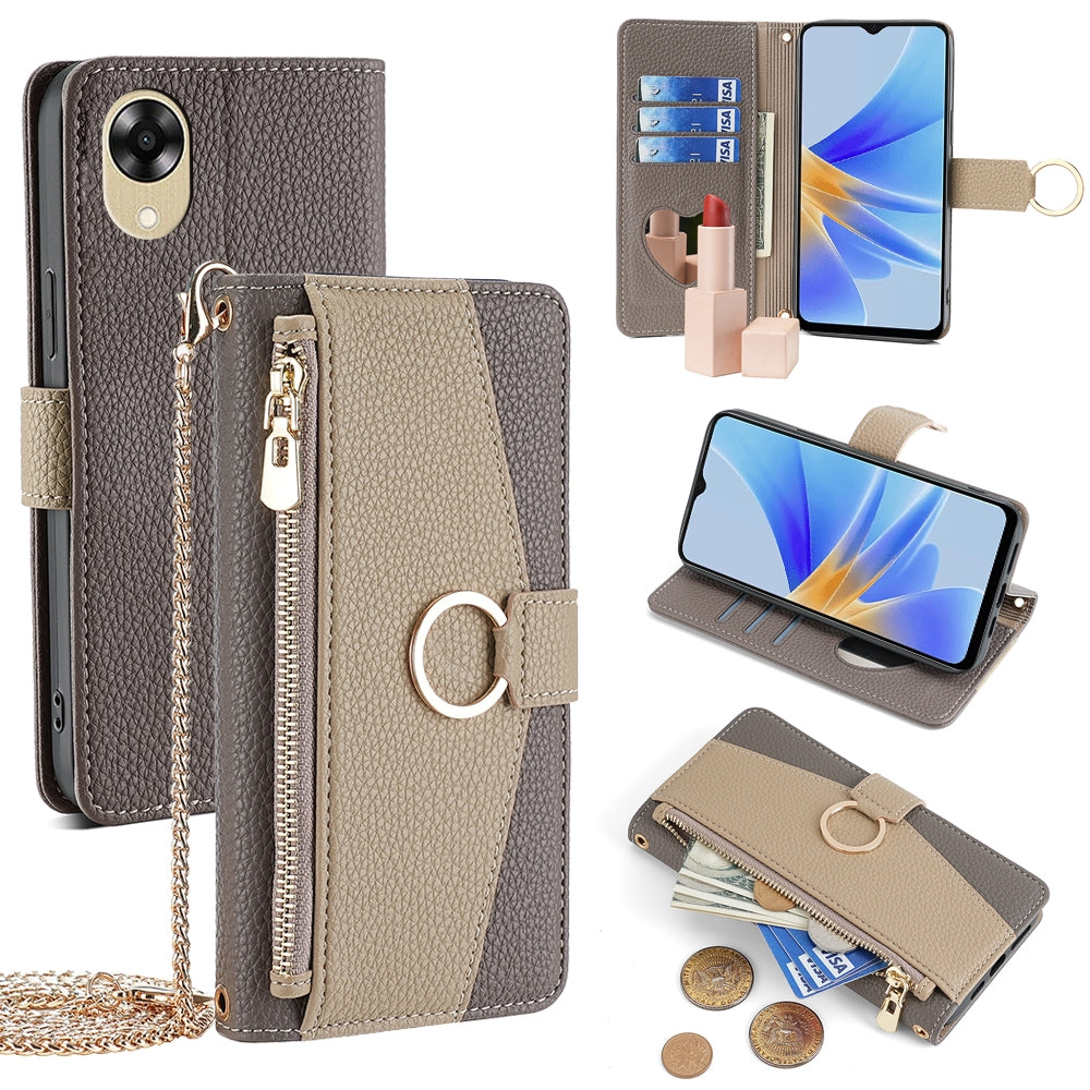 OPPO A17k 4G Crossbody Phone Case with Litchi Texture Leather, Adjustable Kickstand, Card Slots, Zipper Purse, Makeup Mirror, and TPU Protection