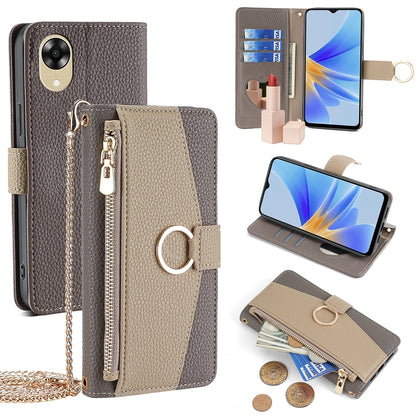 OPPO A17k 4G Crossbody Phone Case with Litchi Texture Leather, Adjustable Kickstand, Card Slots, Zipper Purse, Makeup Mirror, and TPU Protection