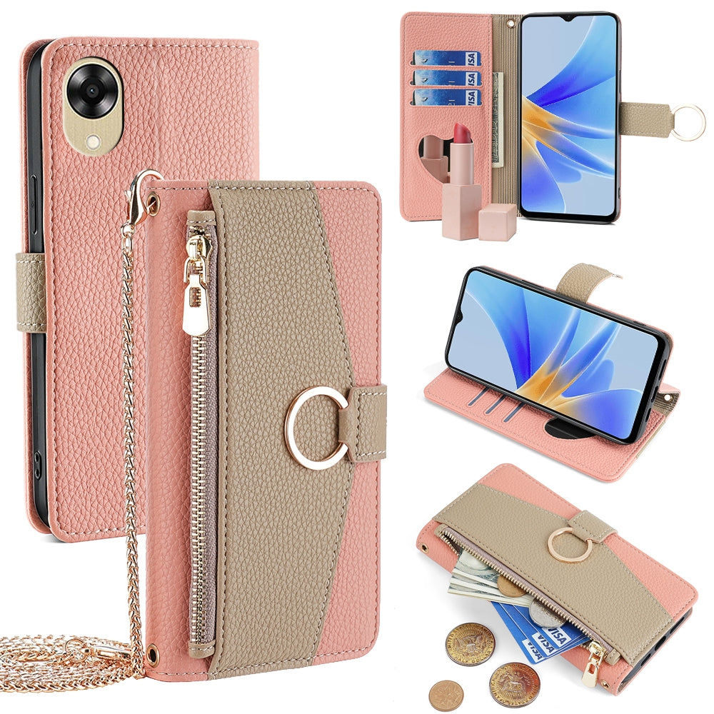 OPPO A17k 4G Crossbody Phone Case with Litchi Texture Leather, Adjustable Kickstand, Card Slots, Zipper Purse, Makeup Mirror, and TPU Protection