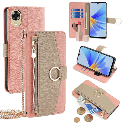 OPPO A17k 4G Crossbody Phone Case with Litchi Texture Leather, Adjustable Kickstand, Card Slots, Zipper Purse, Makeup Mirror, and TPU Protection