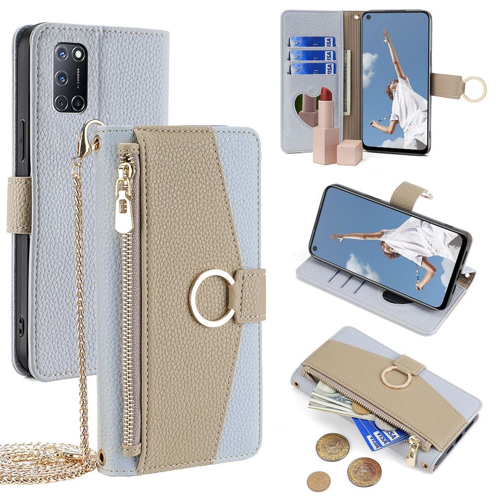 OPPO A52 Crossbody Phone Case with Litchi Texture Leather, Adjustable Kickstand, Card Slots, Zipper Purse, Makeup Mirror, and TPU Protection