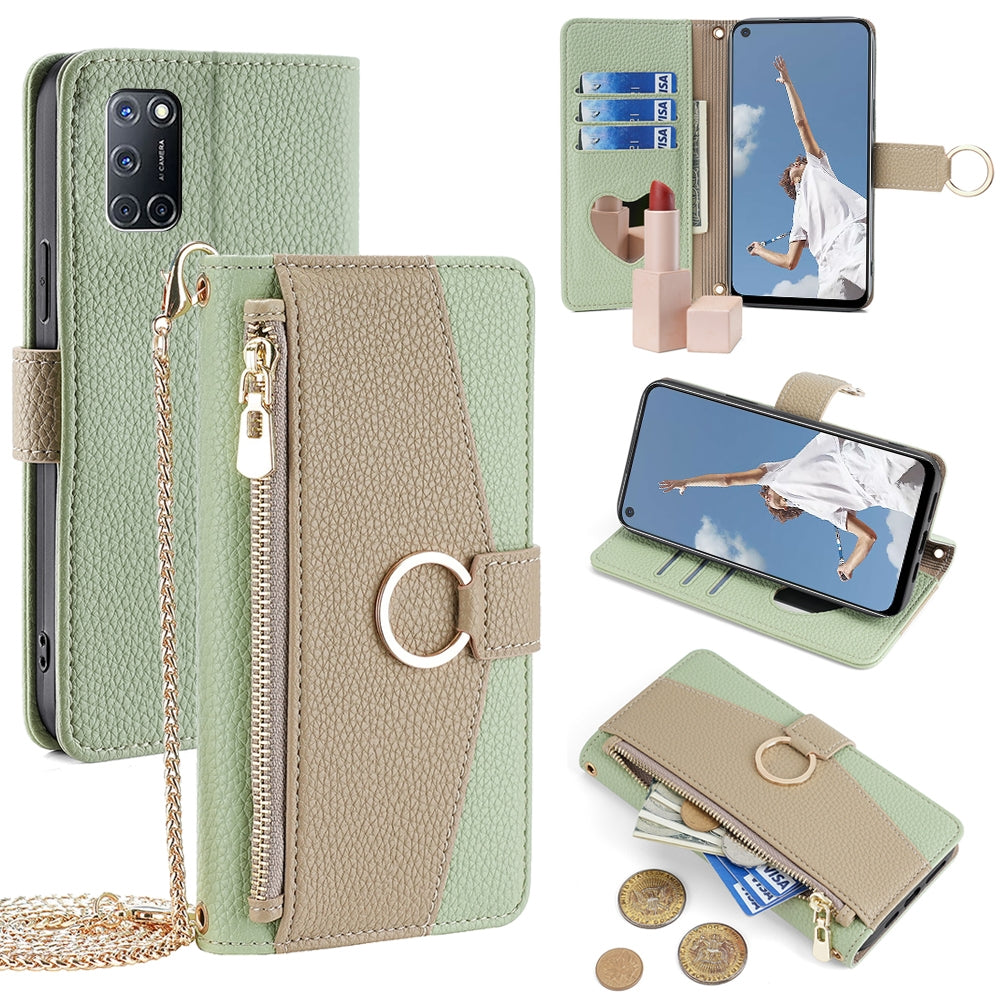 OPPO A52 Crossbody Phone Case with Litchi Texture Leather, Adjustable Kickstand, Card Slots, Zipper Purse, Makeup Mirror, and TPU Protection