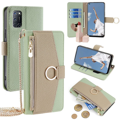 OPPO A52 Crossbody Phone Case with Litchi Texture Leather, Adjustable Kickstand, Card Slots, Zipper Purse, Makeup Mirror, and TPU Protection