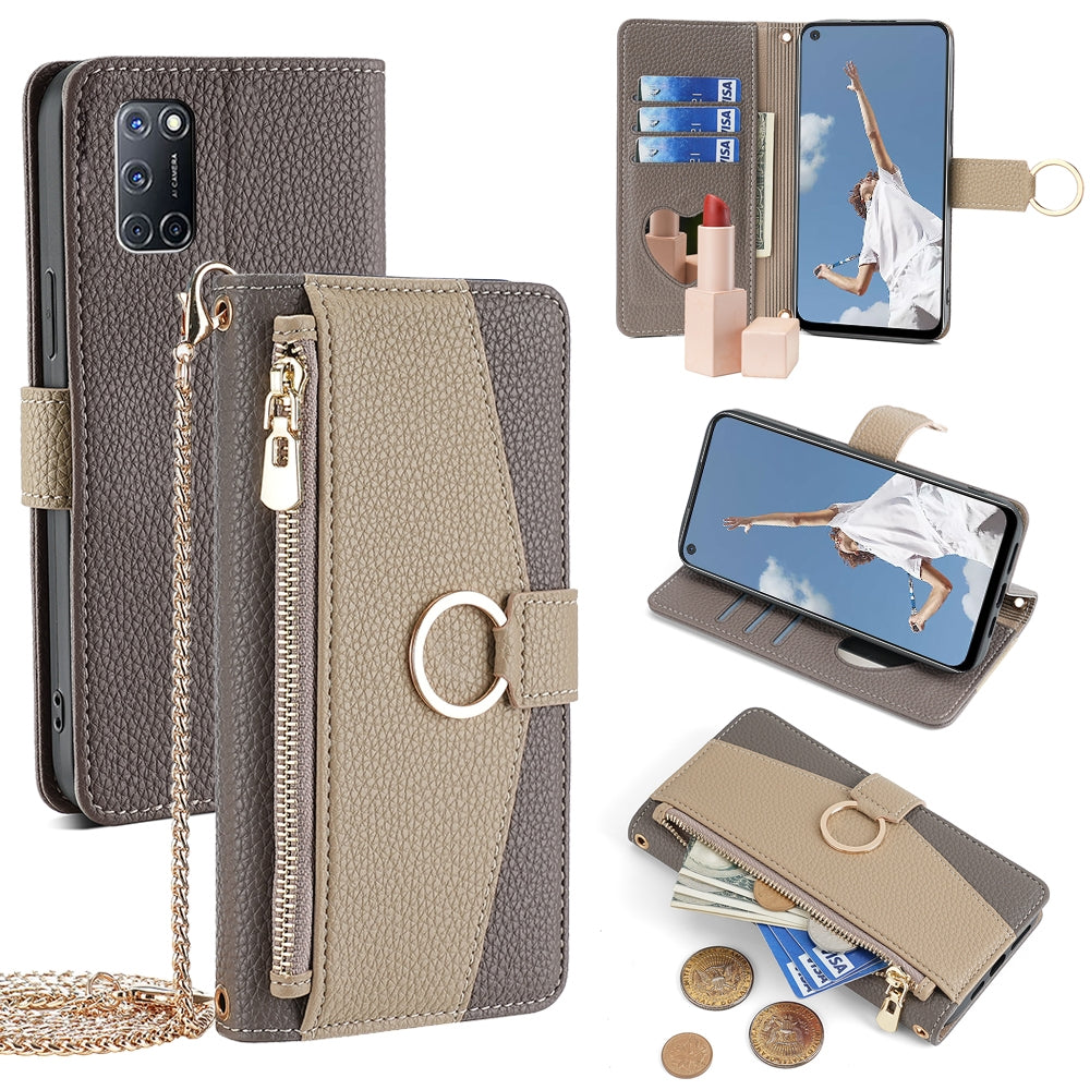 OPPO A52 Crossbody Phone Case with Litchi Texture Leather, Adjustable Kickstand, Card Slots, Zipper Purse, Makeup Mirror, and TPU Protection
