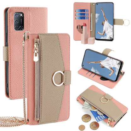 OPPO A52 Crossbody Phone Case with Litchi Texture Leather, Adjustable Kickstand, Card Slots, Zipper Purse, Makeup Mirror, and TPU Protection