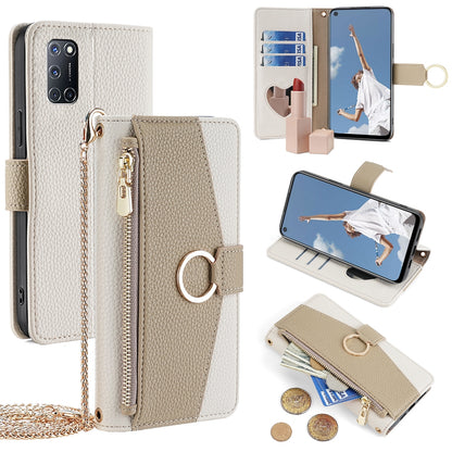 OPPO A52 Crossbody Phone Case with Litchi Texture Leather, Adjustable Kickstand, Card Slots, Zipper Purse, Makeup Mirror, and TPU Protection