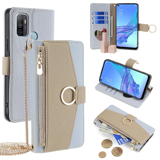 OPPO A33 2020 Crossbody Phone Case with Litchi Texture Leather, Adjustable Kickstand, Card Slots, Zipper Purse, Makeup Mirror, and TPU Protection
