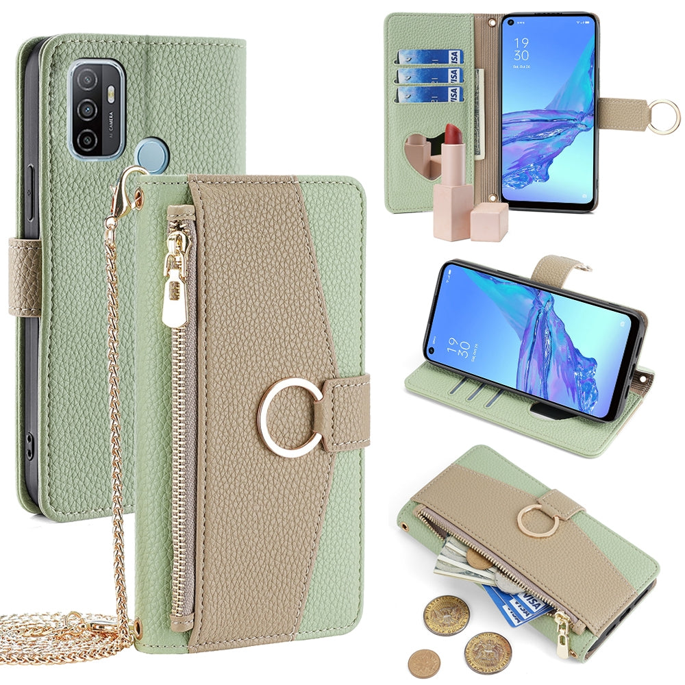 OPPO A33 2020 Crossbody Phone Case with Litchi Texture Leather, Adjustable Kickstand, Card Slots, Zipper Purse, Makeup Mirror, and TPU Protection