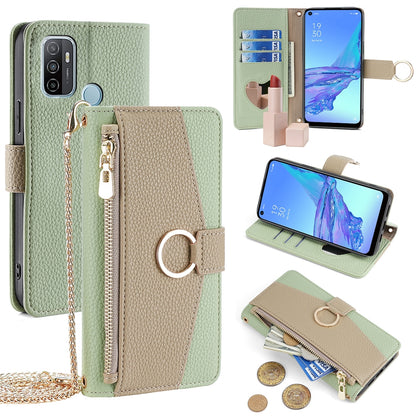OPPO A33 2020 Crossbody Phone Case with Litchi Texture Leather, Adjustable Kickstand, Card Slots, Zipper Purse, Makeup Mirror, and TPU Protection