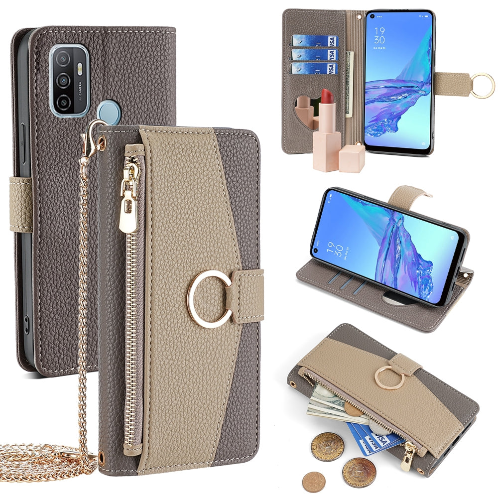 OPPO A32 2020 Crossbody Phone Case with Litchi Texture Leather, Adjustable Kickstand, Card Slots, Zipper Purse, Makeup Mirror, and TPU Protection
