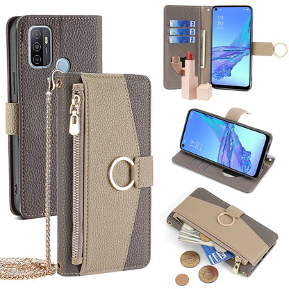 OPPO A33 2020 Crossbody Phone Case with Litchi Texture Leather, Adjustable Kickstand, Card Slots, Zipper Purse, Makeup Mirror, and TPU Protection
