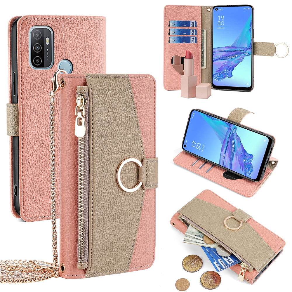 OPPO A32 2020 Crossbody Phone Case with Litchi Texture Leather, Adjustable Kickstand, Card Slots, Zipper Purse, Makeup Mirror, and TPU Protection