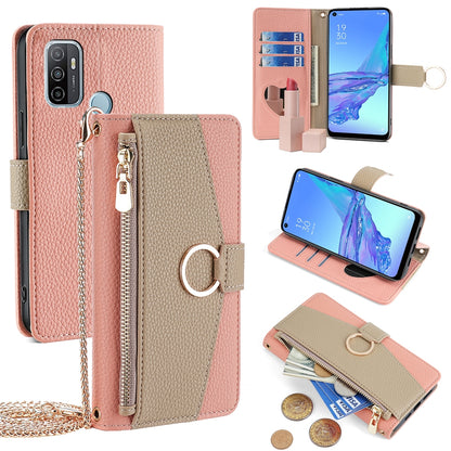 OPPO A33 2020 Crossbody Phone Case with Litchi Texture Leather, Adjustable Kickstand, Card Slots, Zipper Purse, Makeup Mirror, and TPU Protection